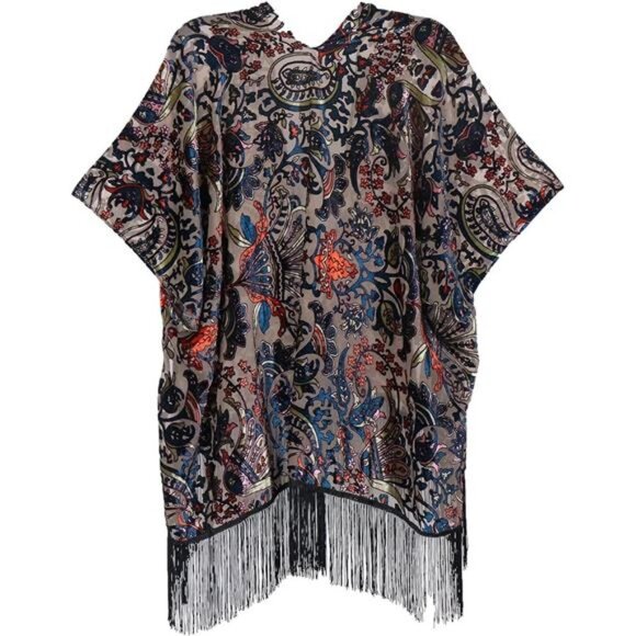 Burnout Velvet Floral Paisley Print Fringe Kimono Cardigan Shawl Poncho Cover Up - Picture 5 of 7